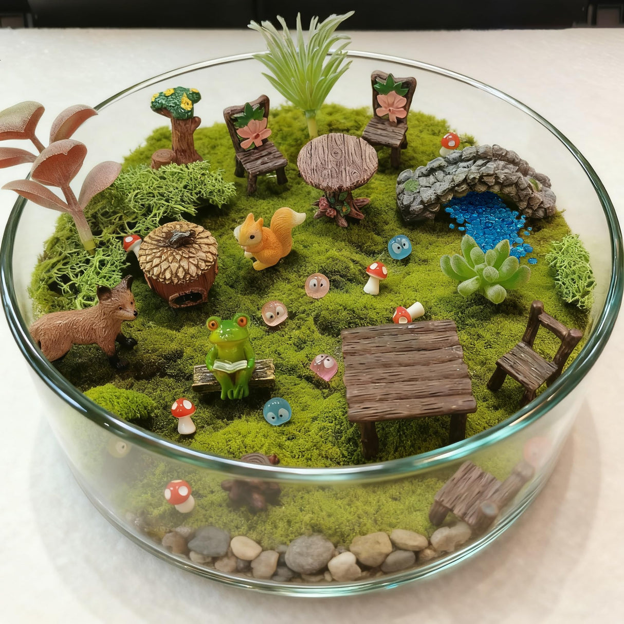 QuarenDen 44 Pcs Fairy Garden Accessories, Miniature Table and Chairs Set, Miniature Figurines Mini Resin Animals House Bridge for Micro Landscape Potted Plant Terrarium Decor DIY Craft Gift