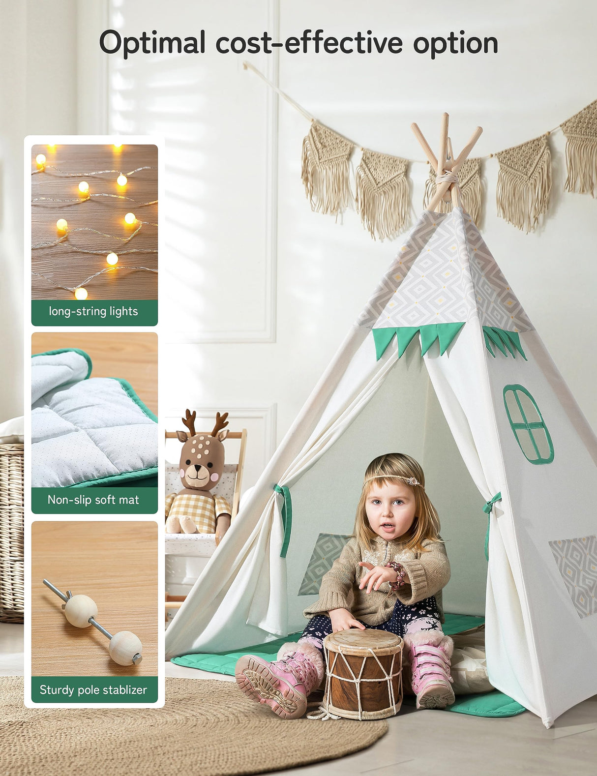 besrey Teepee Tent for Kids with Padded Mat & Light, Kids Tents Indoor Playhouse, Large Tipi Tent, Christmas Play Tent for Toddler Boys Girls, Foldable Portable Toddler Reading Room