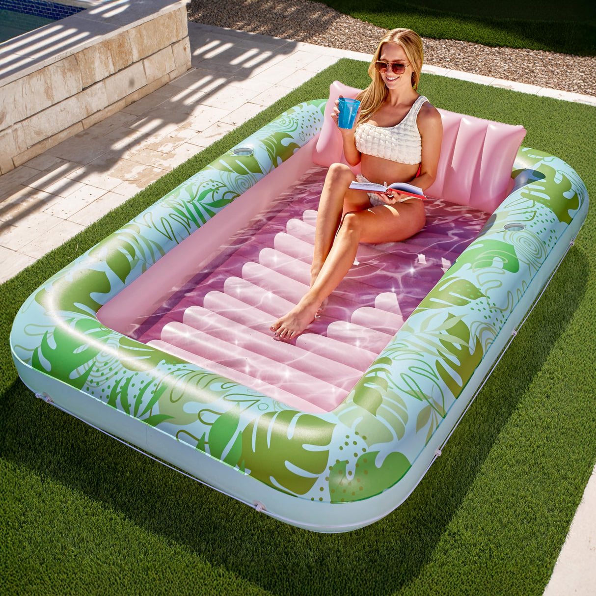 SLOOSH Inflatable Tanning Pool Lounger Float, 85" x 57" Extra Large Pool Floats Adult with Pillow, 4 in 1 Suntan Tub Raft Floatie,Sunbathing Bed Lounge for Water Blow Up Ball Pit, XL-Cyan Pink