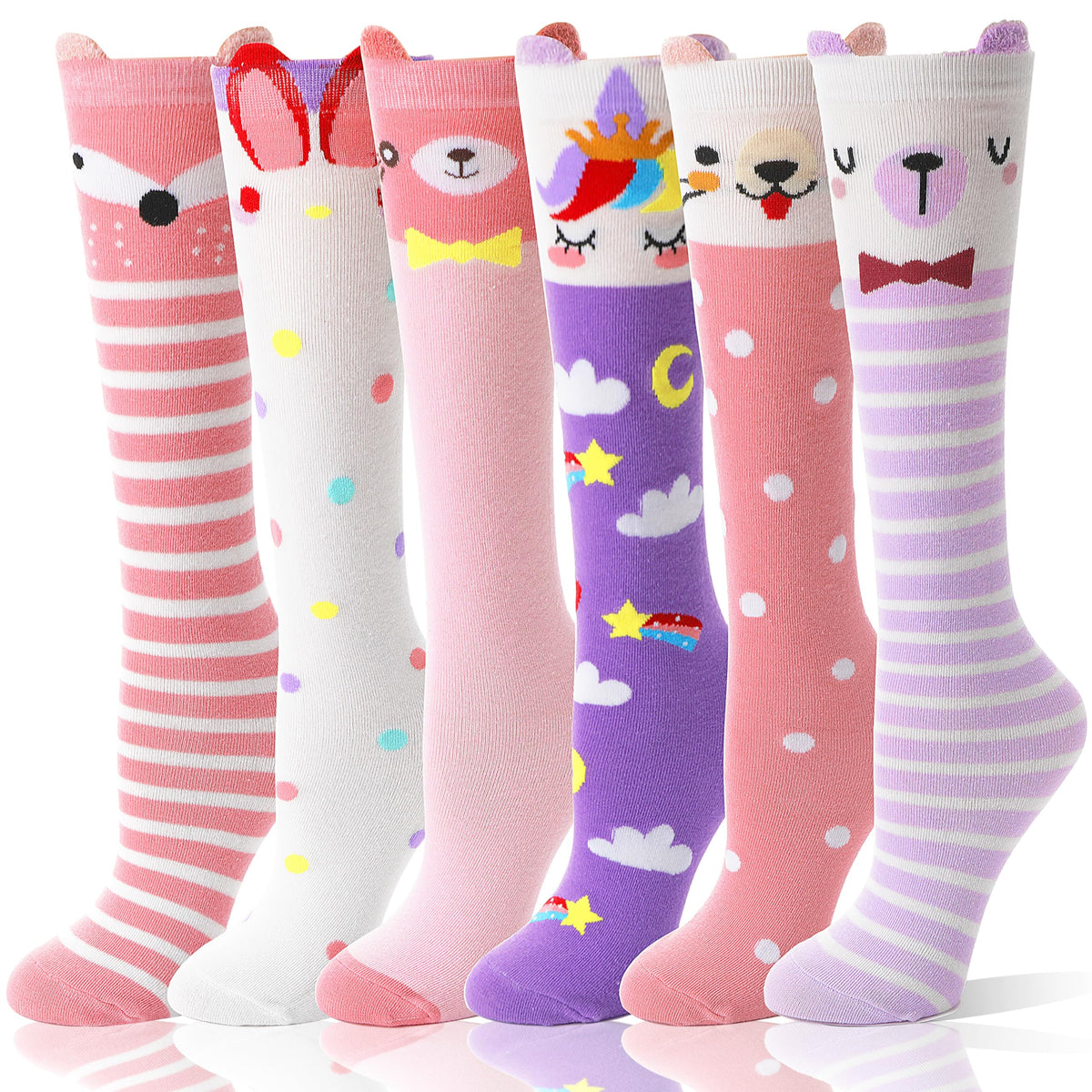 MOGGEI Kids Girls Knee High Socks Long Boot Crazy Silly Fun Gift Tall Funny Cute Animal Christmas Gift for 4 5 6 7 8 9 10 11 12 Year Old Girls Stocking Stuffers Socks 6 Pairs (Animal Pink Purple)
