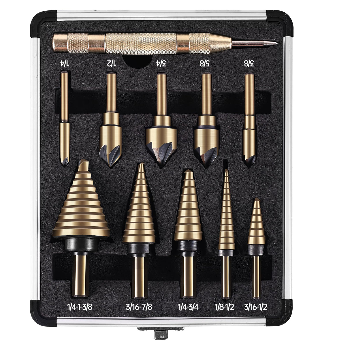 5Pcs Step Drill Bit & 5Pcs Countersink Drill Bit Set, Titanium Coated, HSS Step Bit, 50 Sizes of Step Bit for Metal with Aluminum Case, Multiple Hole Stepped Up Bits for DIY