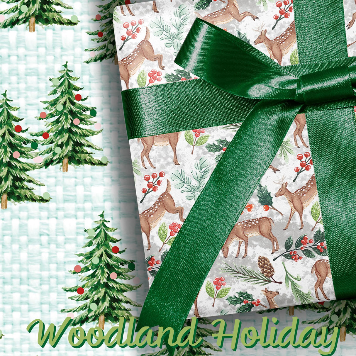 BIOBROWN Reversible Christmas Wrapping Paper - Jumbo Roll - 30 Inch X 33 Feet (82.5 sq. ft. ttl.) - Doe Floral Design Perfect for Xmas, Party, Holiday Gift Wrap
