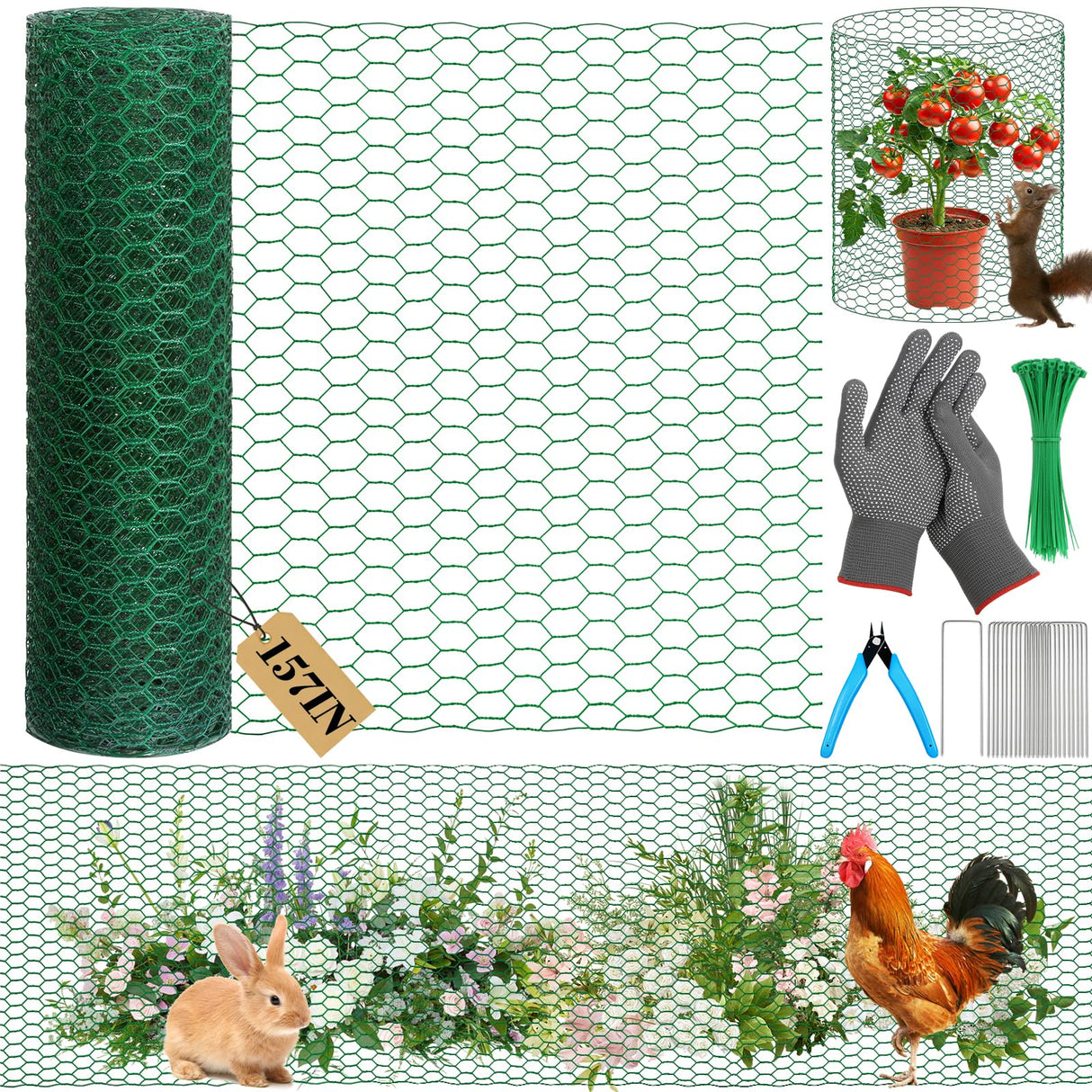 Lucomb Plant Protectors from Animals 15.7 x 157 in Green Chicken Wire Plant Cages for Outdoor Plants, Hexagonal Wire Plant Protector with Ground Stakes, Pliers, Garden Protection from Animals