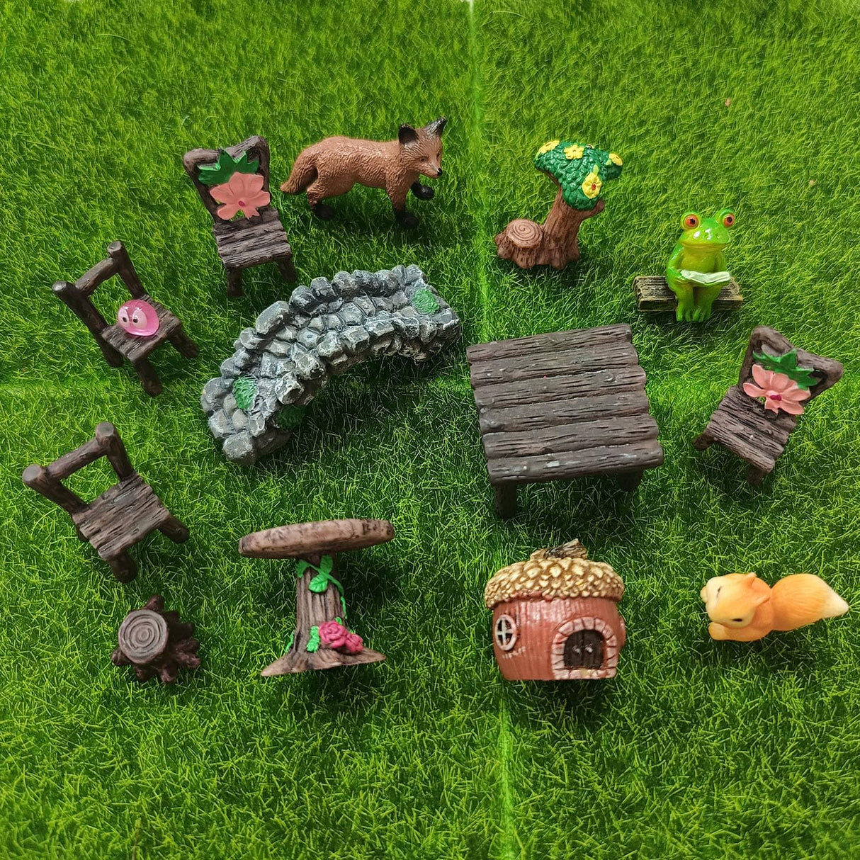 QuarenDen 44 Pcs Fairy Garden Accessories, Miniature Table and Chairs Set, Miniature Figurines Mini Resin Animals House Bridge for Micro Landscape Potted Plant Terrarium Decor DIY Craft Gift