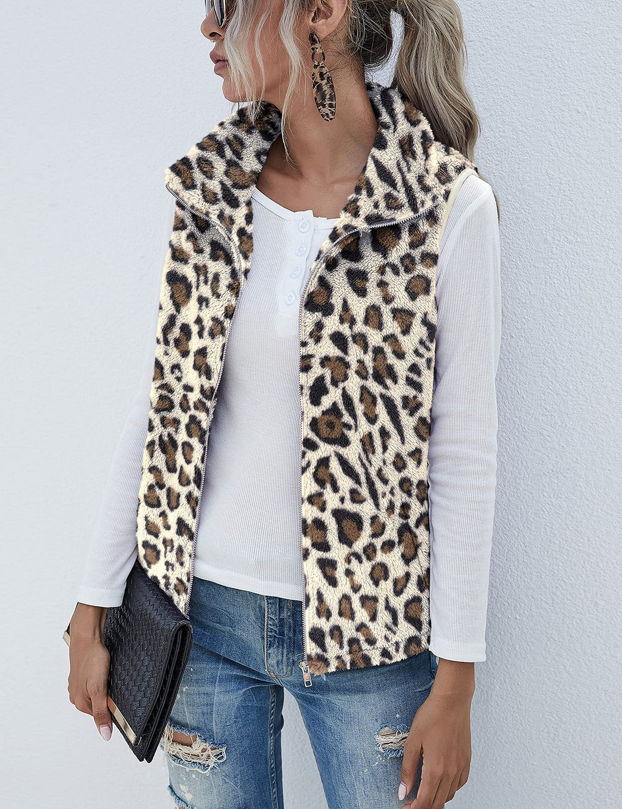 LOMON Women's Leopard Sleeveless Zipper Sherpa Fleece Vest Christmas Jacket Coat with Pockets Apricot Leopard L
