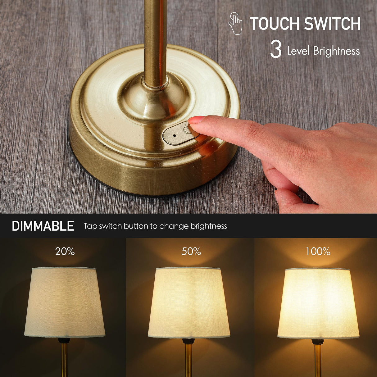 O’Bright Seraph - Cordless LED Table Lamp with Dimmer, Built-in Rechargeable Battery, 3-Level Brightness, Patio Table Lamp, Bedside Night Lamp, Ambient Light for Restaurant, Antique Brass