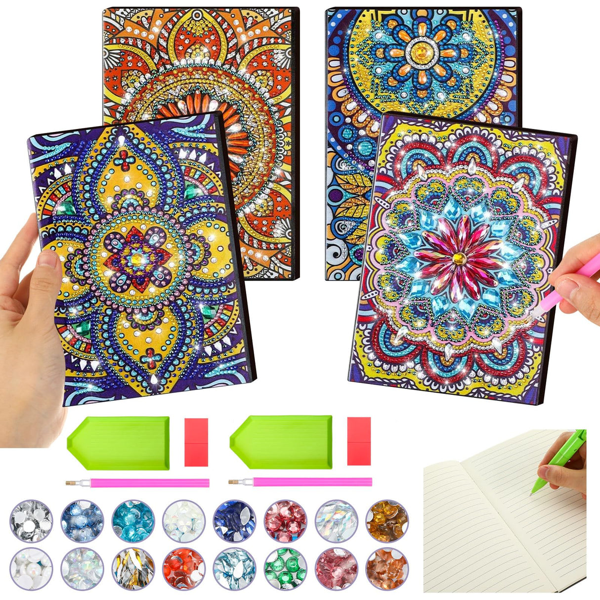 Ctosree 4 Pcs Diamond Art Notebook Kits for Adults 8.3'' x 5.7'' 5d Leather Painting Journals DIY Mandala Flower Gem Dots Sketchbook Craft for Men Women Birthday Gift Christmas with Tools