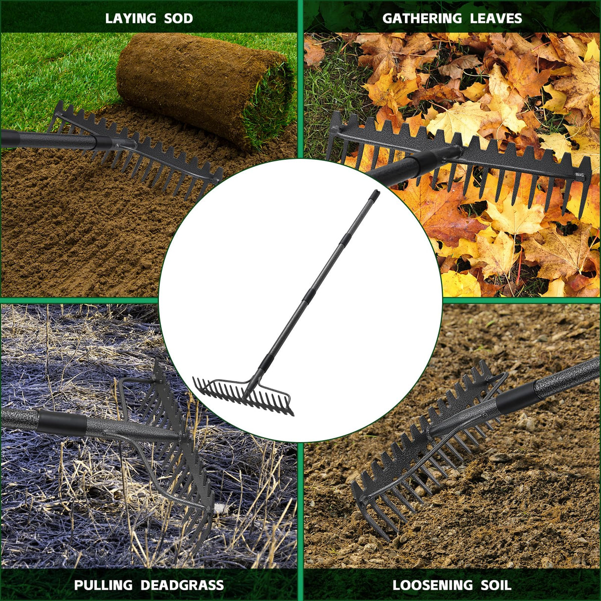 49'' Bow Rake ,17 Tines Metal Head Rakes with Stainless Steel Handle,Heavy Duty Garden Rake for Loosening Soil Gathering Leaf Leveling Lawn Farming Land Management Yarn Thatch Rake