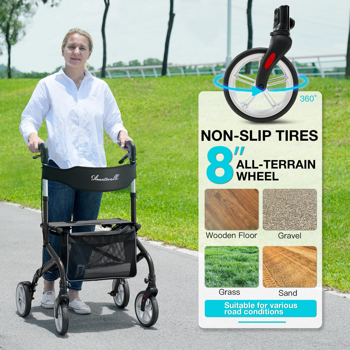 PLANET WALK Super Lightweight Rollator Walker for Seniors, Foldable Rolling Walker with Seat and 8" Rubber Wheels for All Terrain, Unique Design Aluminium Frame Sturdy Walkers for Traveling - Black