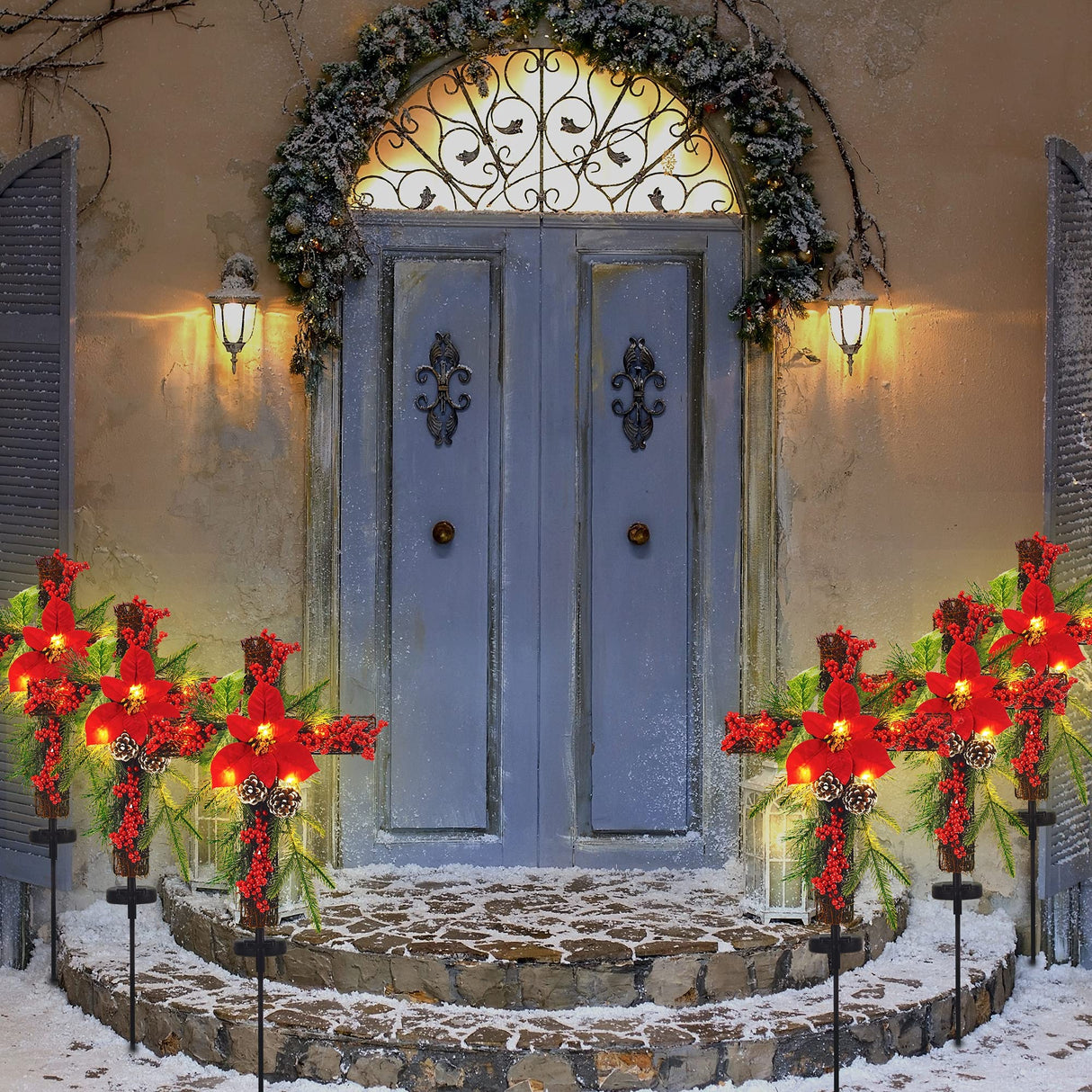 SOWSUN Solar Christmas Decorations Outdoor LED Lights, Xmas Waterproof Cross Stake, Cemetery Grave Decorations,Faux Pine Cones and Foliage Ornament Stakes for Garden Lawn Yard Cemetery, Set of 2