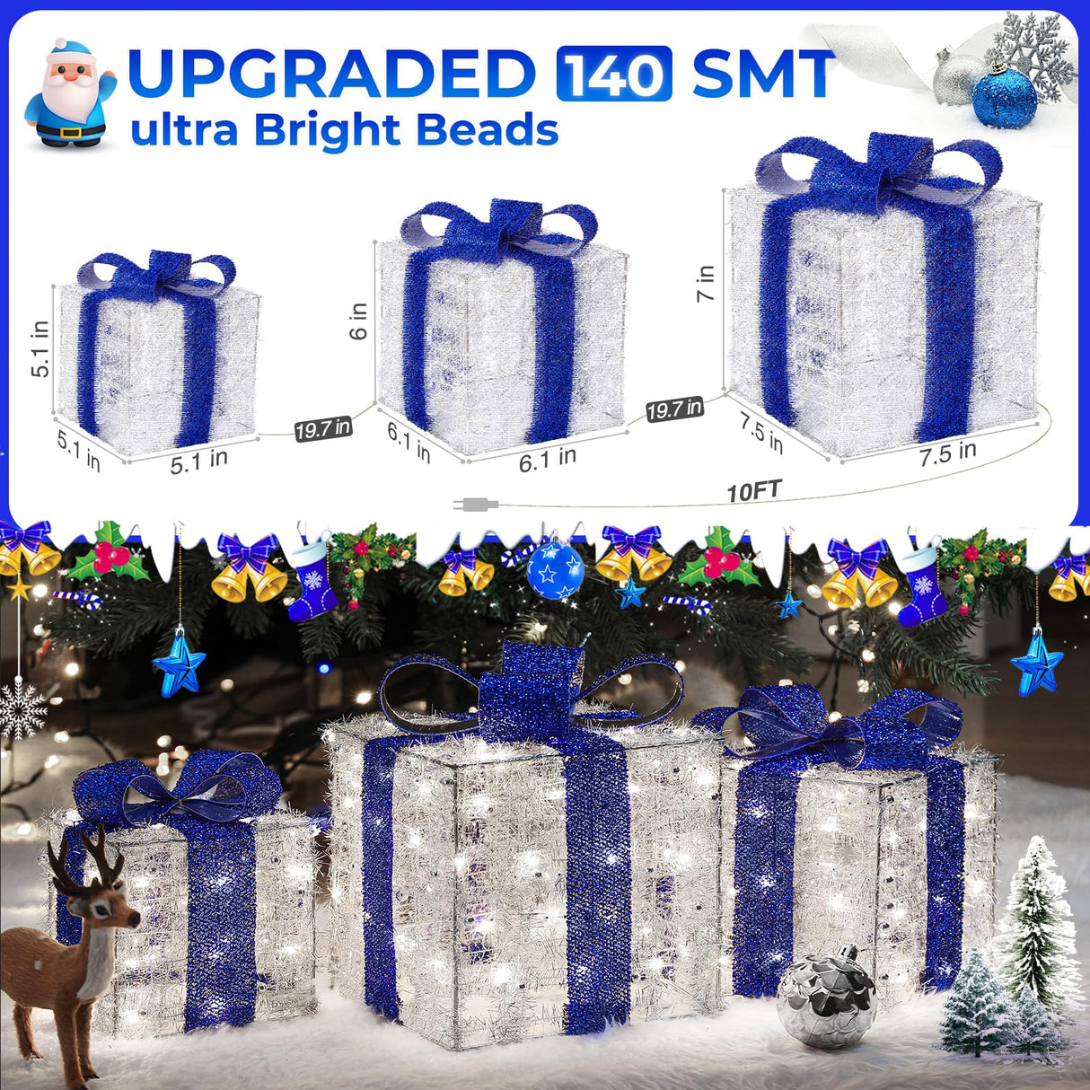 Blue Christmas Decorations, Christmas Lighted Gift Boxes 140 LEDs Light Up Presents Christmas Decor, 8 Modes & Timer Function Plug-in Set of 3 Lighted Christmas Boxes for Xmas Holiday Indoor Outdoor