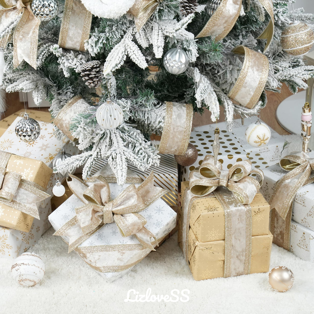 LIZLOVESS Champagne Gold Velvet Wired Ribbon 2.5" X 10 Yards with Glitter Border Stripe Christmas Ribbon for Tree, Wreath Supplies, Garlands Making