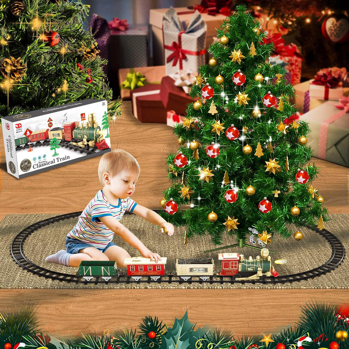 JUQU Electric Train Set for Kids Ages 3-8 – Battery Operated Toy Train with Lights, Sounds, 3 Cars & 10 Tracks, Classic Christmas Tree Train Set for Under or Around Tree