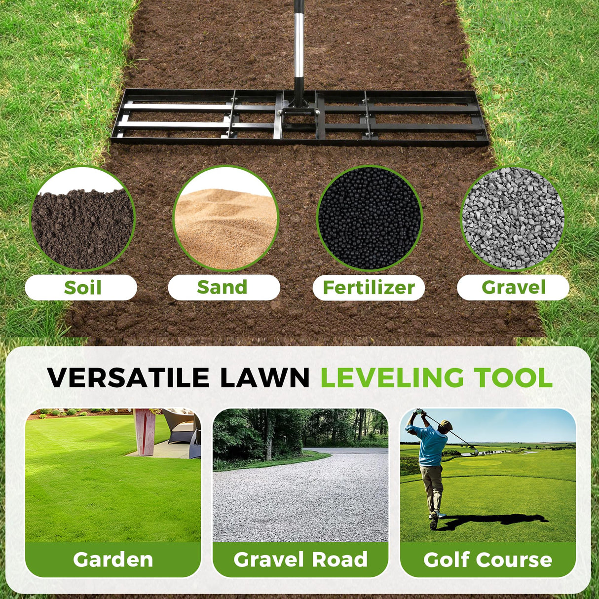 Lawn Leveling Rake, 45"x10" Stainless Steel Lawn Leveler with 76" Adjustable Handle, Heavy-Duty Yard Leveling Rake for Garden, Golf Course, Farm, Pasture, Professional Lawn Care Tool