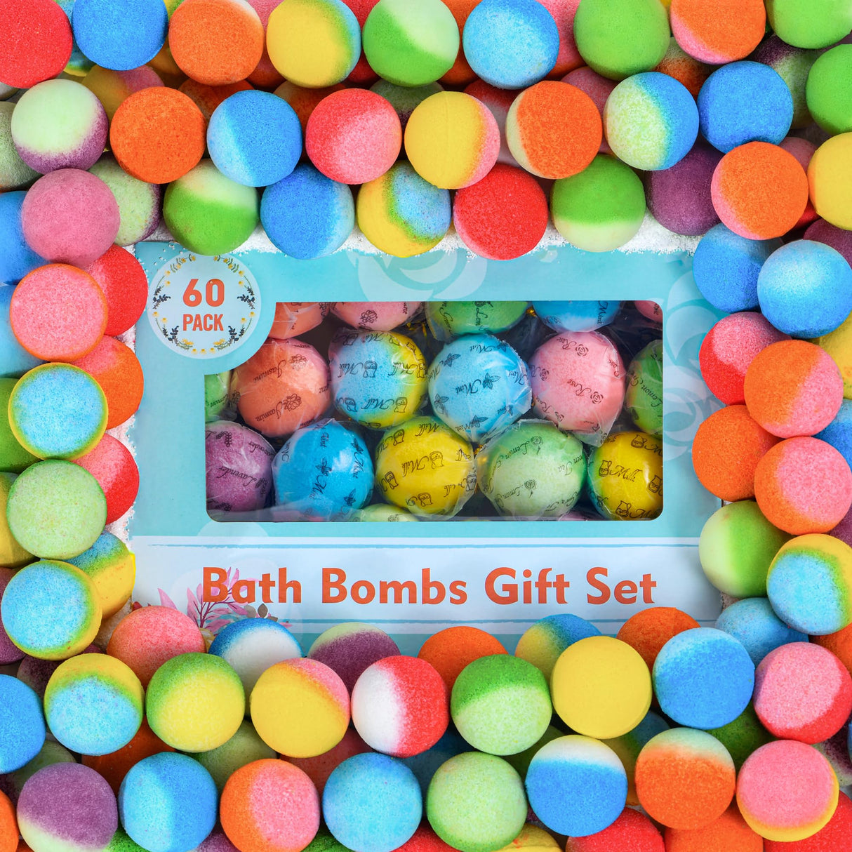 60 Pcs Bath Bombs Set - Massive Quantity Natural Bath Bombs for Kids/Women/Men Individually Wrapped Handmade Organic Bath Supplies Relaxing Kit - for Birthday, Christmas, Mother's Day