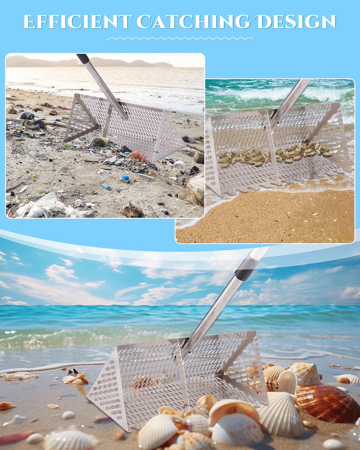Sand Flea Rake 16" Wide - Detachable 54" Handle with Shark Tooth Screen - Steel Beach Rake for Fishing Bait, Shelling, Yard Cleaning
