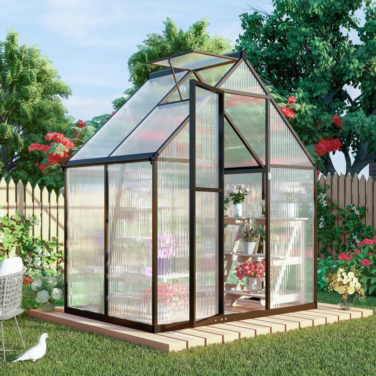 Jiliusure 6 x 4 FT Greenhouse for Outdoors, Polycarbonate Panel Greenhouse Outdoor Quick Setup Structure, Roof Vent, Aluminum Large Walk-in Green House for Outside Garden, Charcoal Black