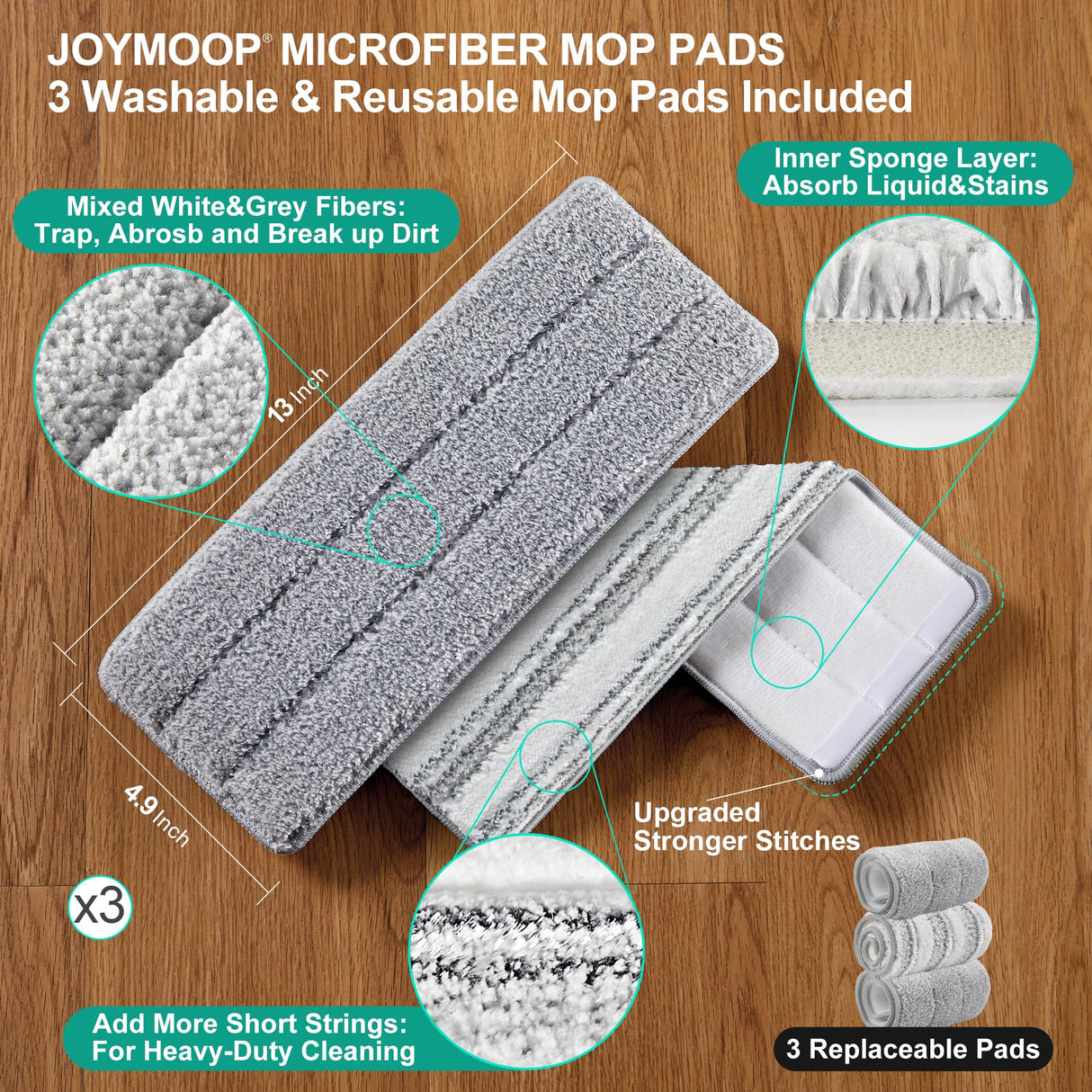 JOYMOOP Mop and Bucket with Wringer Set, White Flat Squeeze Bucket Set for Floor Cleaning, Wet Dry Wall Cleaner with Long Handle, Hardwood Floor Mop-3 Microfiber Cloths