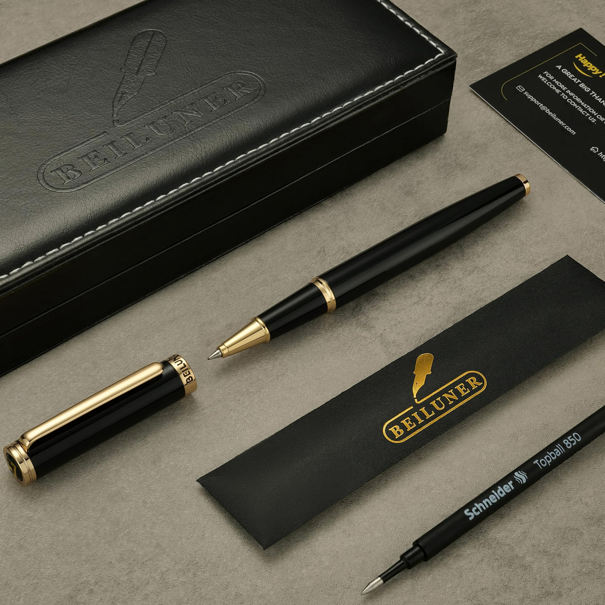BEILUNER Black Personalized Pen,Stunning Luxury Lacquer With 24K Gold,Schneider Ink Refills,Multiple Fonts To Custom Rollerball,Gift Pen For Men & Women,Executive,Graduation,Christmas,Nice Pens