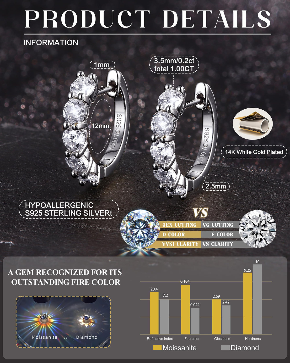 Moissanite Hoop Earrings S925 Sterling Silver Huggie Earring for Women Men