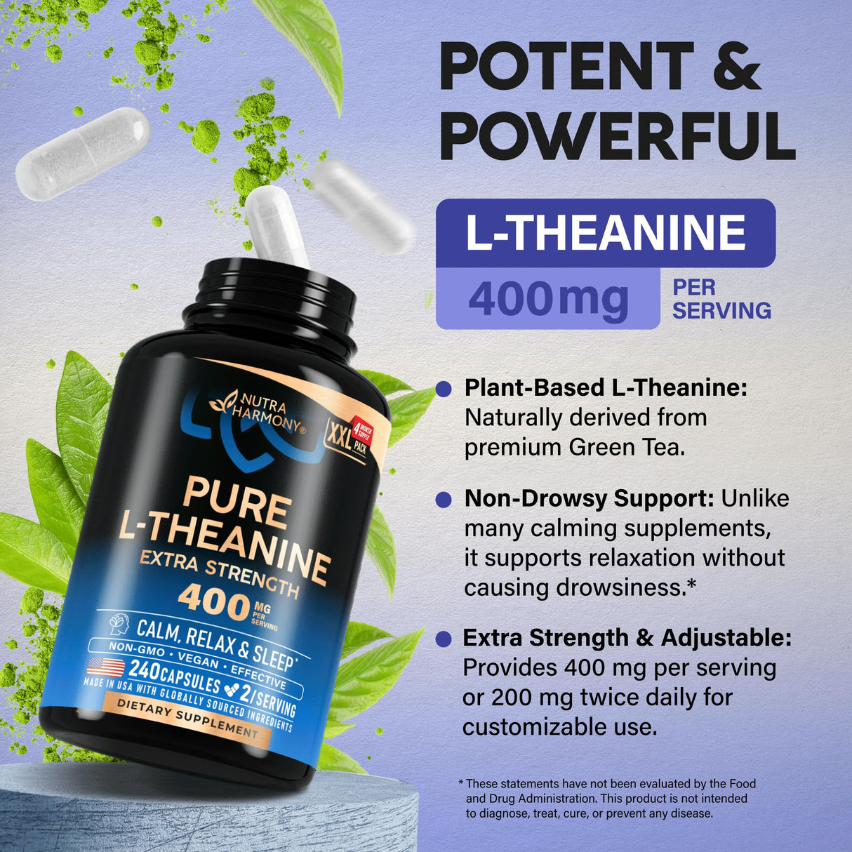L Theanine 400 mg | L-Theanine Stress Relief | Extra Strength Supplement | Made in USA | Relaxation, Sleep & Calm Support | for Men & Women | Plant Based, Non-GMO & Gluten-Free | 240 Vegan Capsules