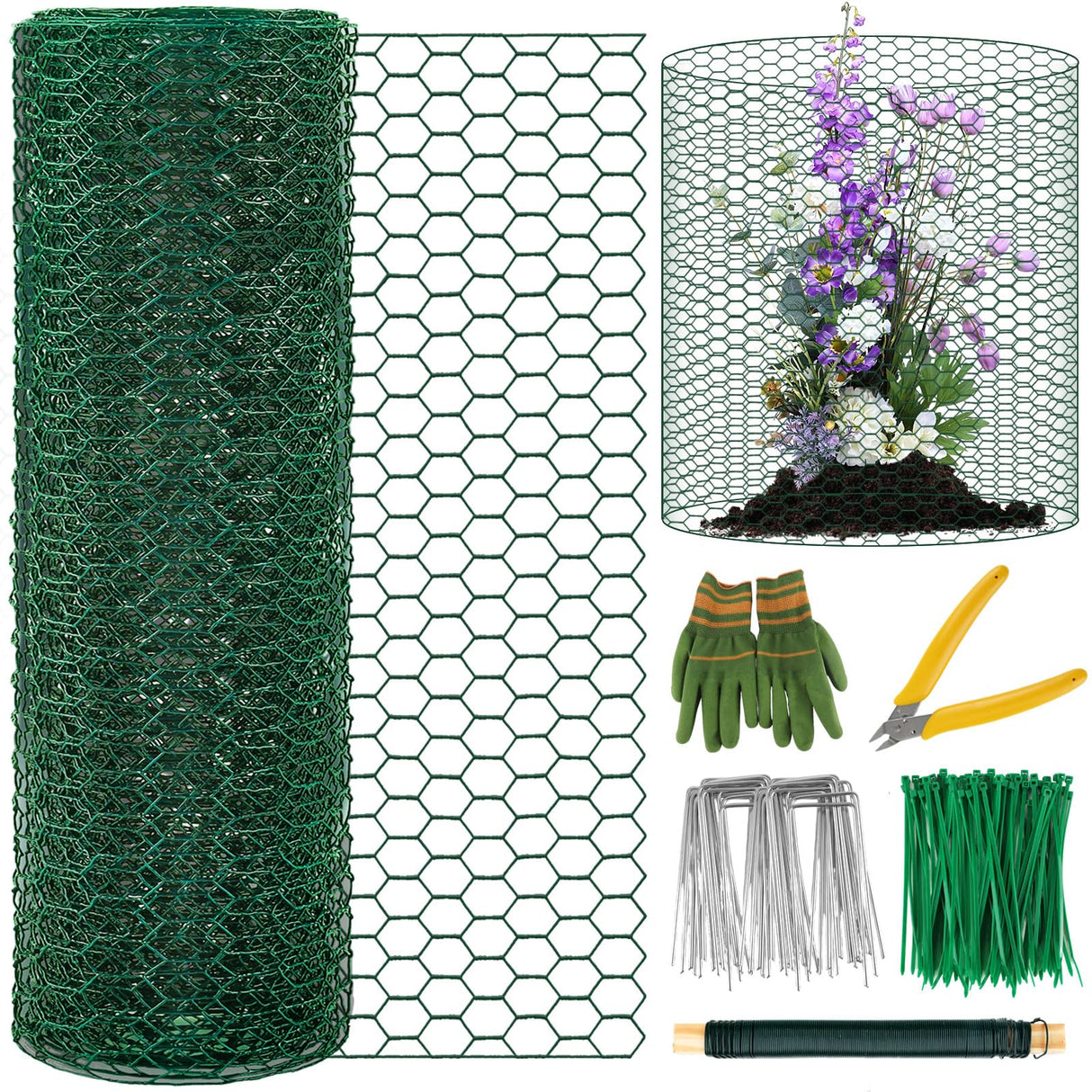 Plant Protectors from Animals, 16.4 x 16In Green PVC Coated Galvanized Chicken Wire Mesh Roll, 0.8mm Free-Cut Plant Cage with Ties, Stakes, Gloves, Pliers & Floral Wire (33Ft*23.6In(23.6X 394 Inch))