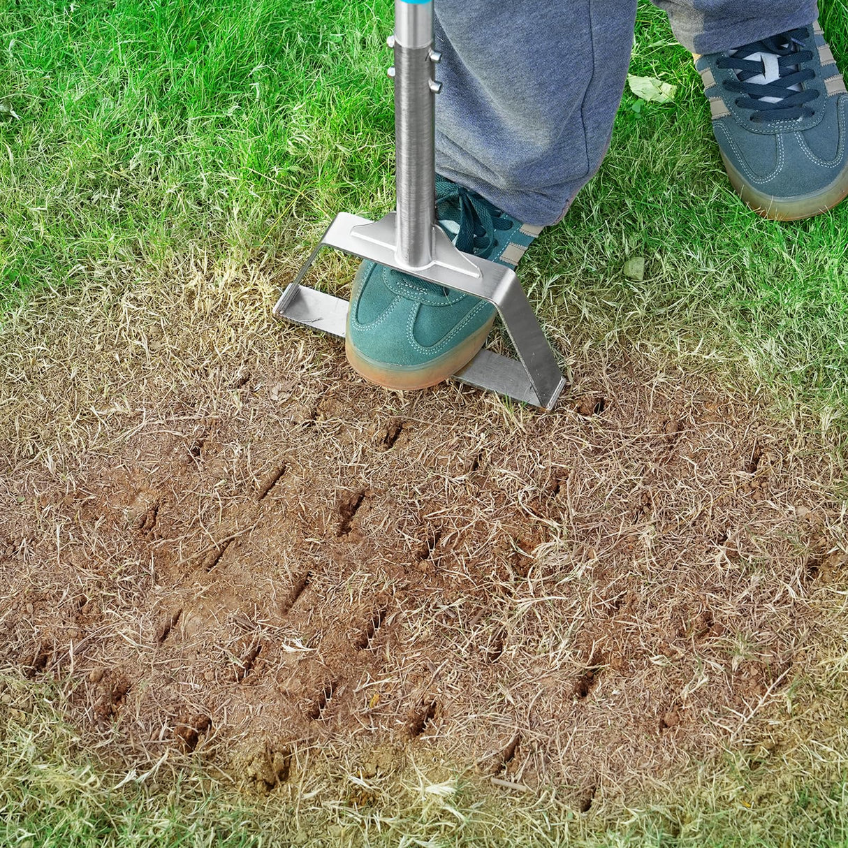 Leweio Manual Lawn Aerator Spike Tool, Semi-Assembled, Non-Clogging Spike Aerator with 4 Steel Spikes, Ergonomic Handle & Reinforced Welding for Yard Grass Aeration - Green