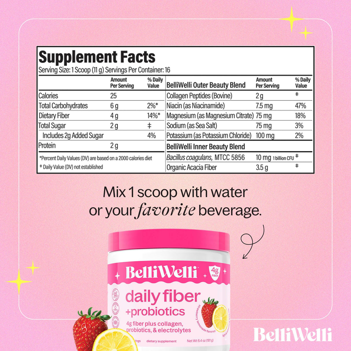 Belli Welli Fiber Supplement for Women&Men, Premium Daily Fiber Powder from Organic Acacia with Added Collagen, Electrolytes&Probiotics, No Bloat, Constipation&Gut Health Support (Strawberry Lemonade)