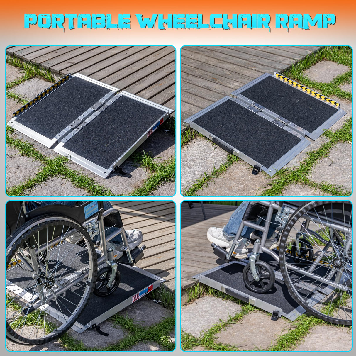 WHALEMOTOR Portable Wheelchair Ramp 2FT, Anti-Slip Aluminum Folding Portable Ramp, Wheelchair Ramps for Home, Weight Capacity Up to 600 LBS, with Transition Plates Above and Below
