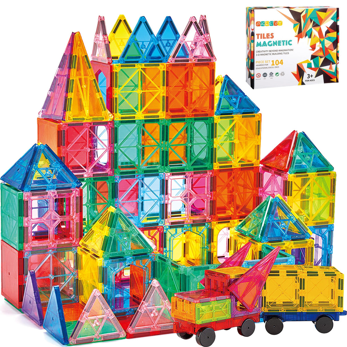 OugerToy 104PCS Magnetic Building Tiles, STEM Educational Stacking Blocks, Construction Toys for Kids Ages 3-9, Creative Toddler Boy Girl Christmas Birthday Gift