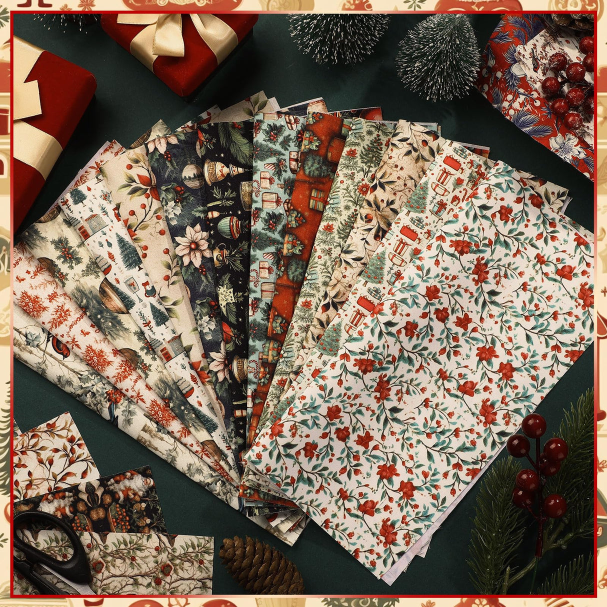 FuWeave 60 Pcs 10 x 10 Inch Vintage Christmas Quilting Fabric Rustic Christmas Fat Squares Patchwork Precut Strips Santa Claus Red Cardinal Fabric Bundles for Xmas Quilting Crafting DIY Craft Sewing