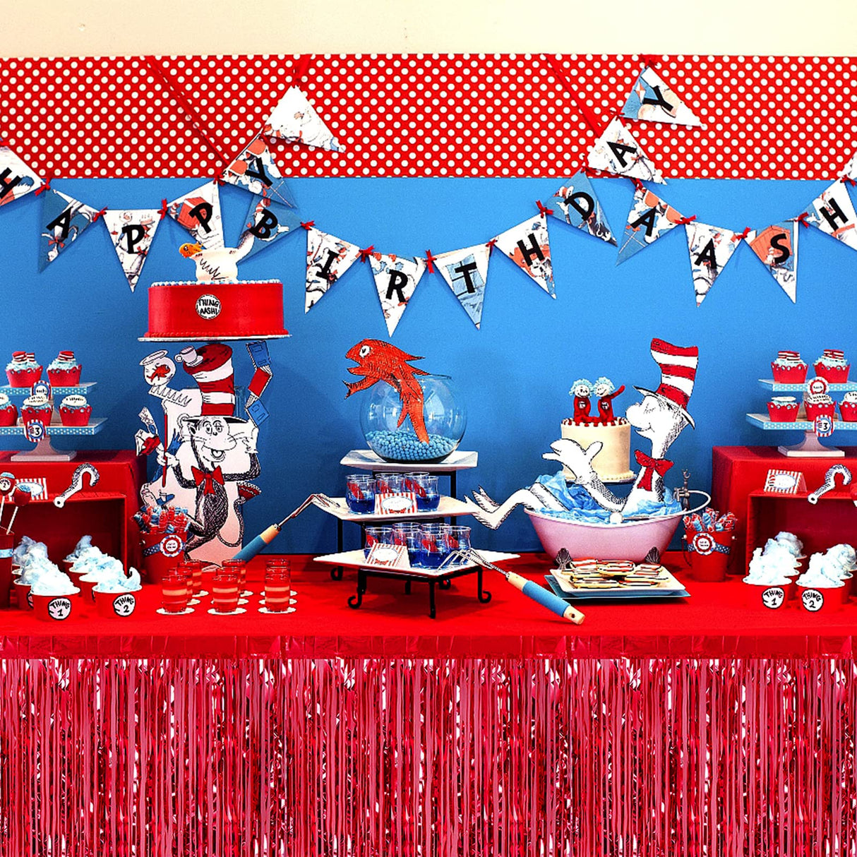 6 Pack 29x108 Inch Red Metallic Foil Fringe Table Skirts Banner for Tinsel Streamer Garland Curtains Backdrop for Parade Floats Wedding Baby Shower Birthday Christmas Halloween Party Decoration