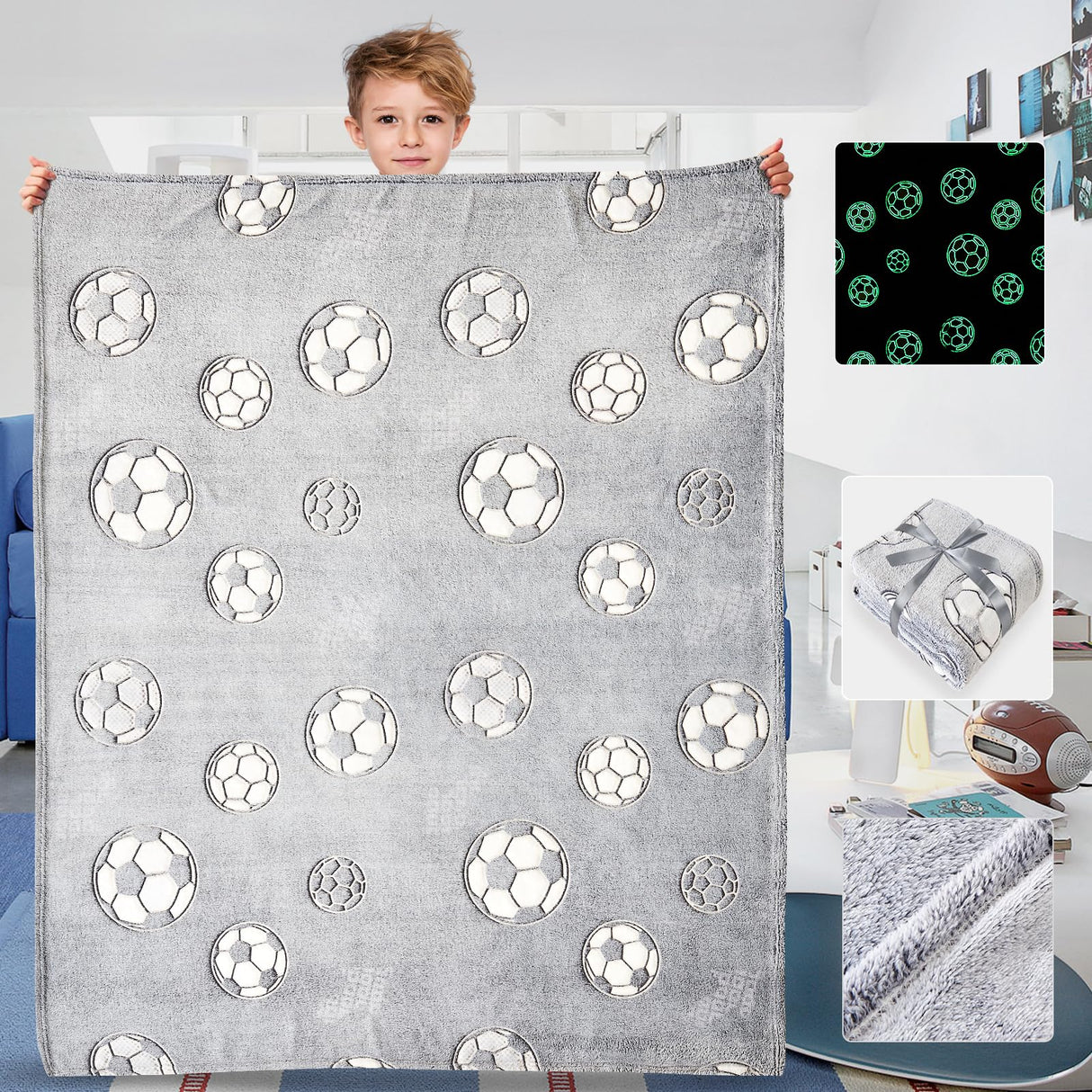 Wajade Soccer Gifts Toys for Boys Girls - Glow in The Dark Soccer Blanket Birthday Christmas Decor for Kids Age 3 4 5 6 7 8 9 10 11 12 Years Old Teens Child Toddler Throw Light Grey 60"x80"