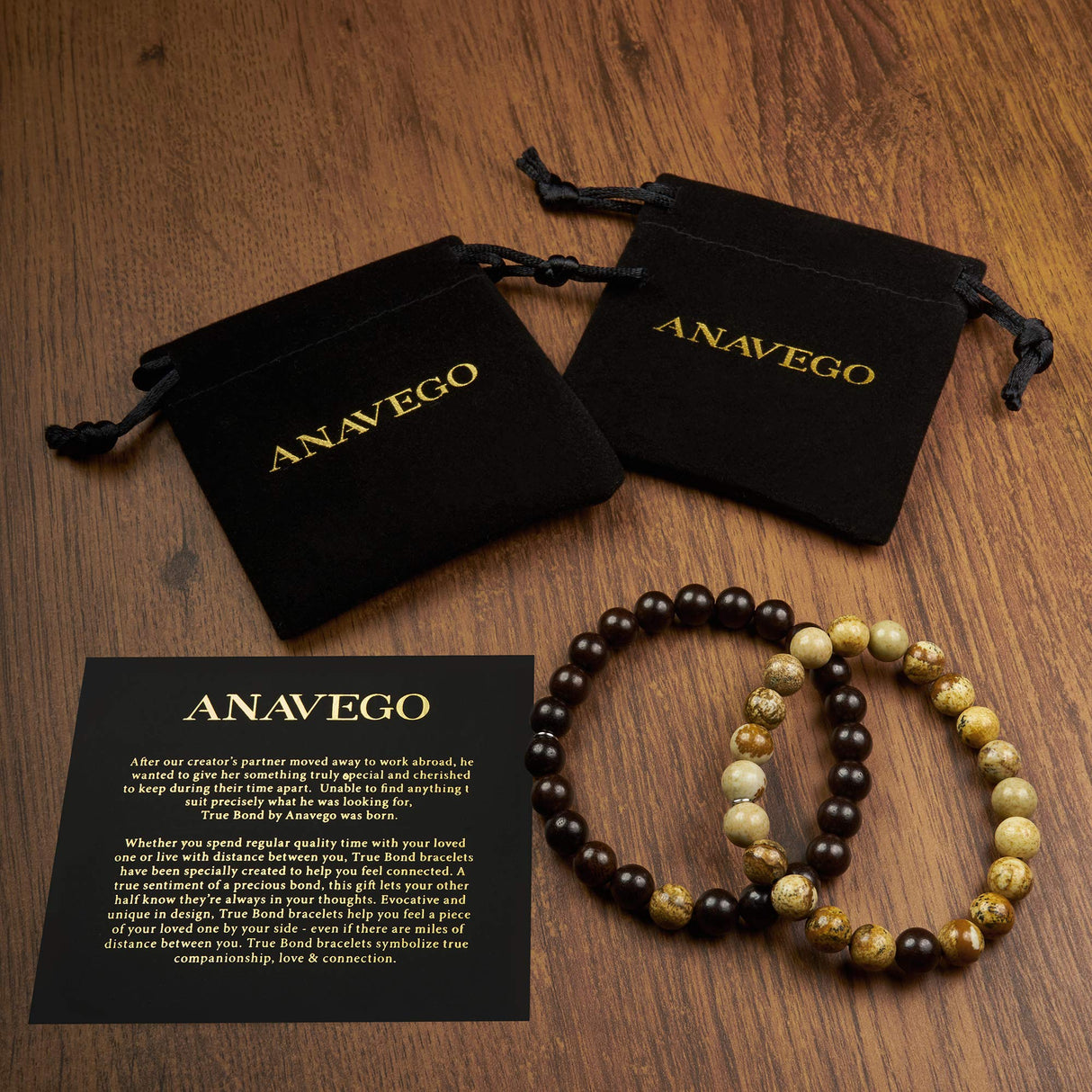 Anavego True Bond Matching Couples Bracelet Set with Storage Box. Wooden & Jasper 8 Millimeter Beaded. Unique 5 5th Year Marriage Wood Gifts for Him Her Boyfriend Girlfriend Husband Wife