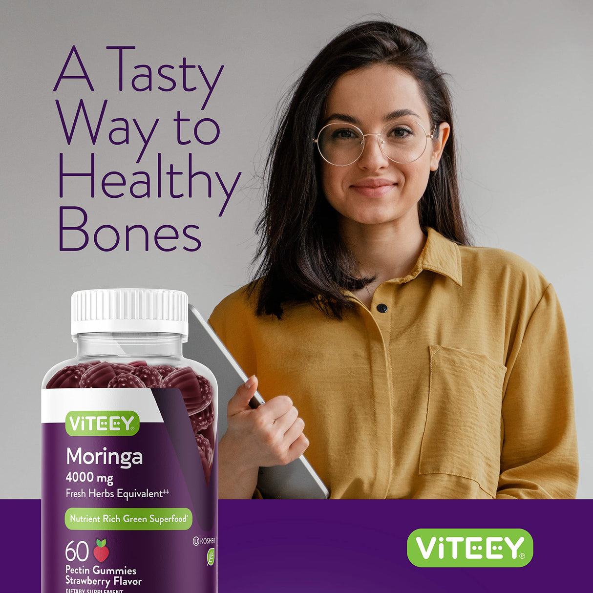 Viteey Moringa Gummies for Adults & Teens - Moringa Leaf Extract 4000mg - Immune Support, Energy Booster, Better Mood Support - Chewable Green Superfood - Vegan, Gelatin Free - Strawberry Flavored