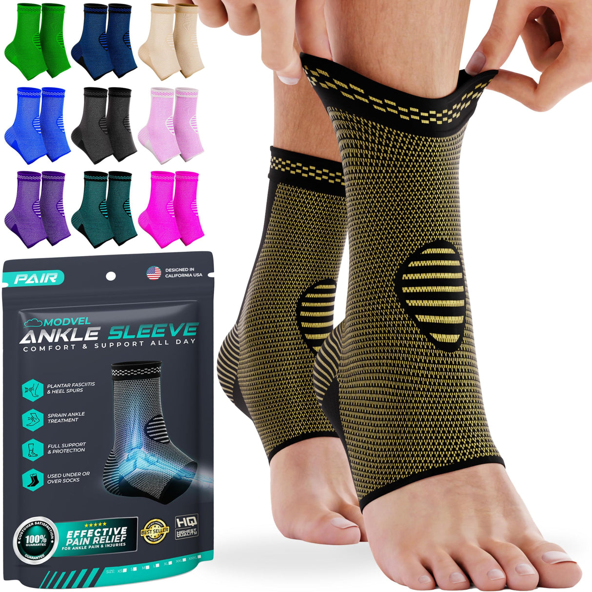 Modvel Foot & Ankle Brace Socks for Sprained Ankle Compression Sleeve - Plantar Fasciitis Relief Brace, Foot Support for pain Women & Men - Tendonitis & Arthritis Feet Sleeve, Stabilizing Ankles Wrap