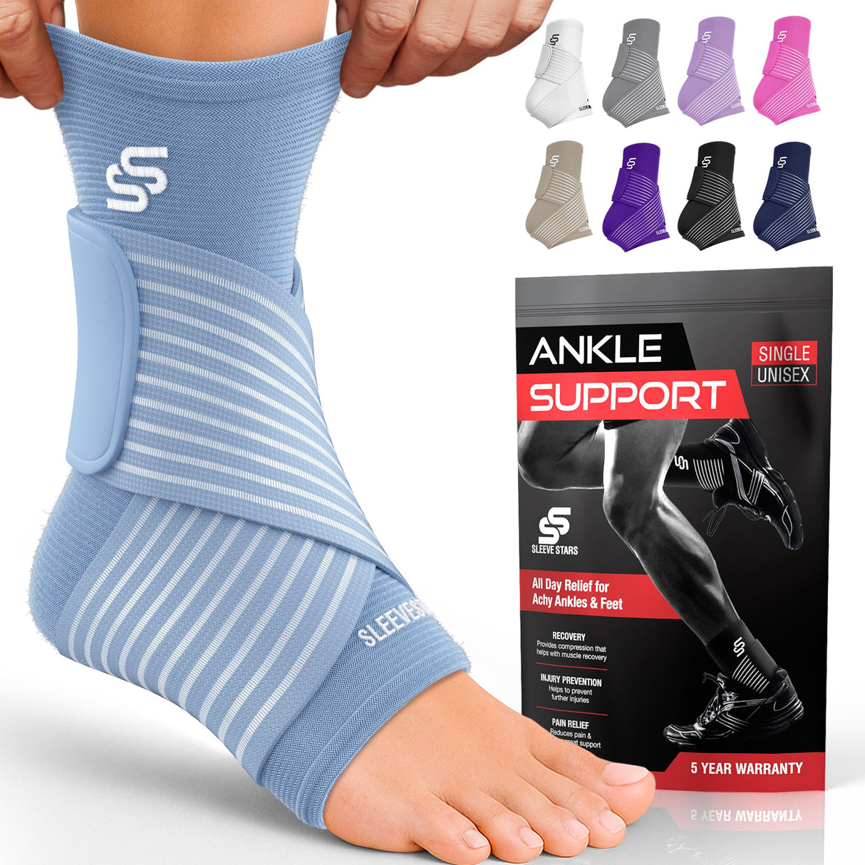 Sleeve Stars Ankle Brace for Women & Men, Ankle Wrap for Sprained Ankle, Compression Sleeve for Plantar Fasciitis Relief, Easy Customizable Support: w/Removable Strap (Single/L:12"-13"/Light Blue)