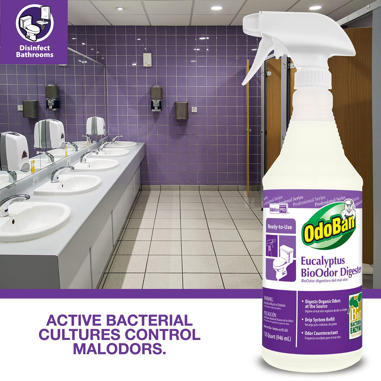 OdoBan Professional Cleaning Ready-to-Use BioOdor Digester Harsh Aroma Counteractant, Made in the USA, Eucalyptus Scent, 2-Pack, 32 Ounce Sprays Each