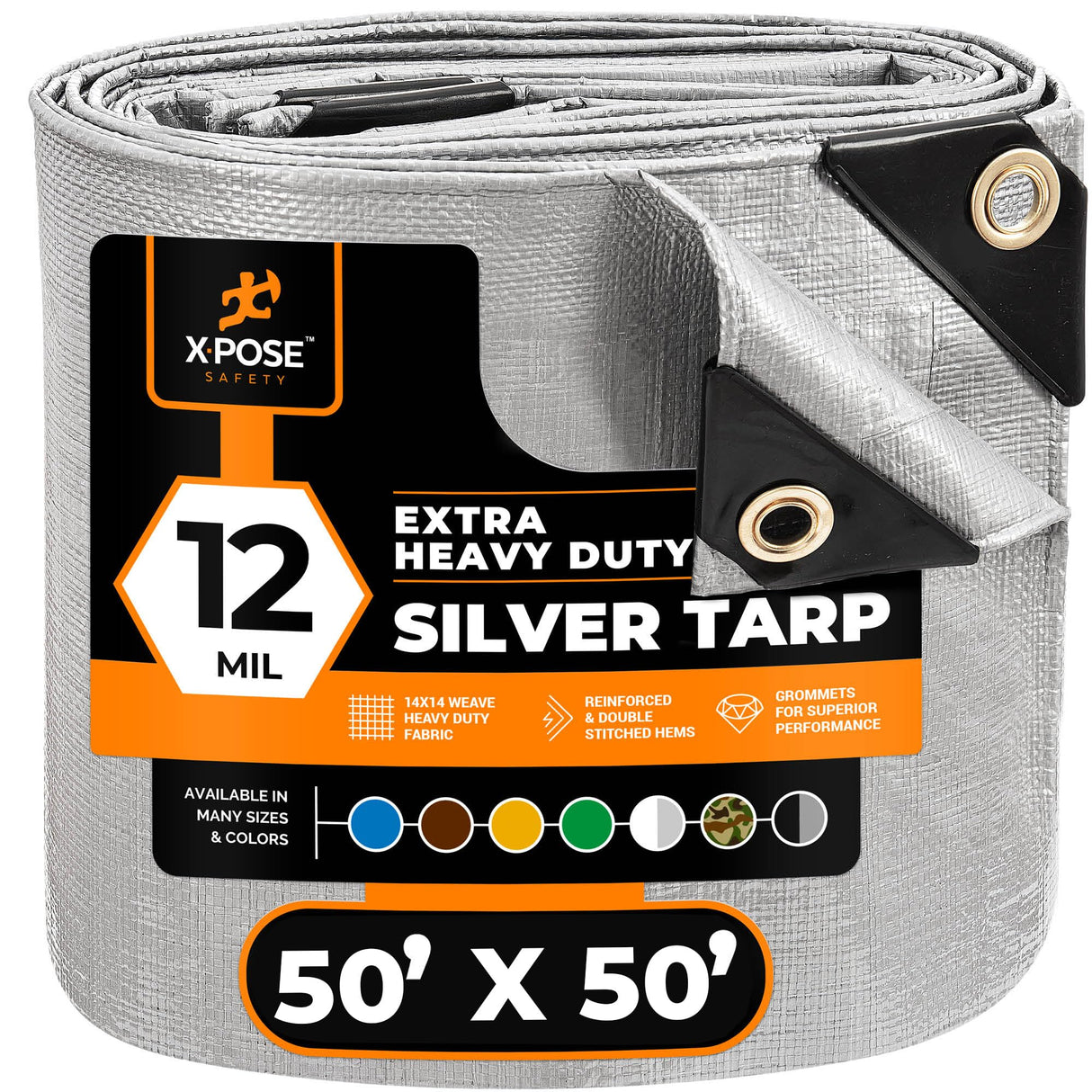 Heavy Duty Silver Poly Tarp 50' X 50' - Multipurpose Protective Cover - Durable, Waterproof, Weather Proof, Rip and Tear Resistant - Extra Thick 12 Mil Polyethylene - by Xpose Safety
