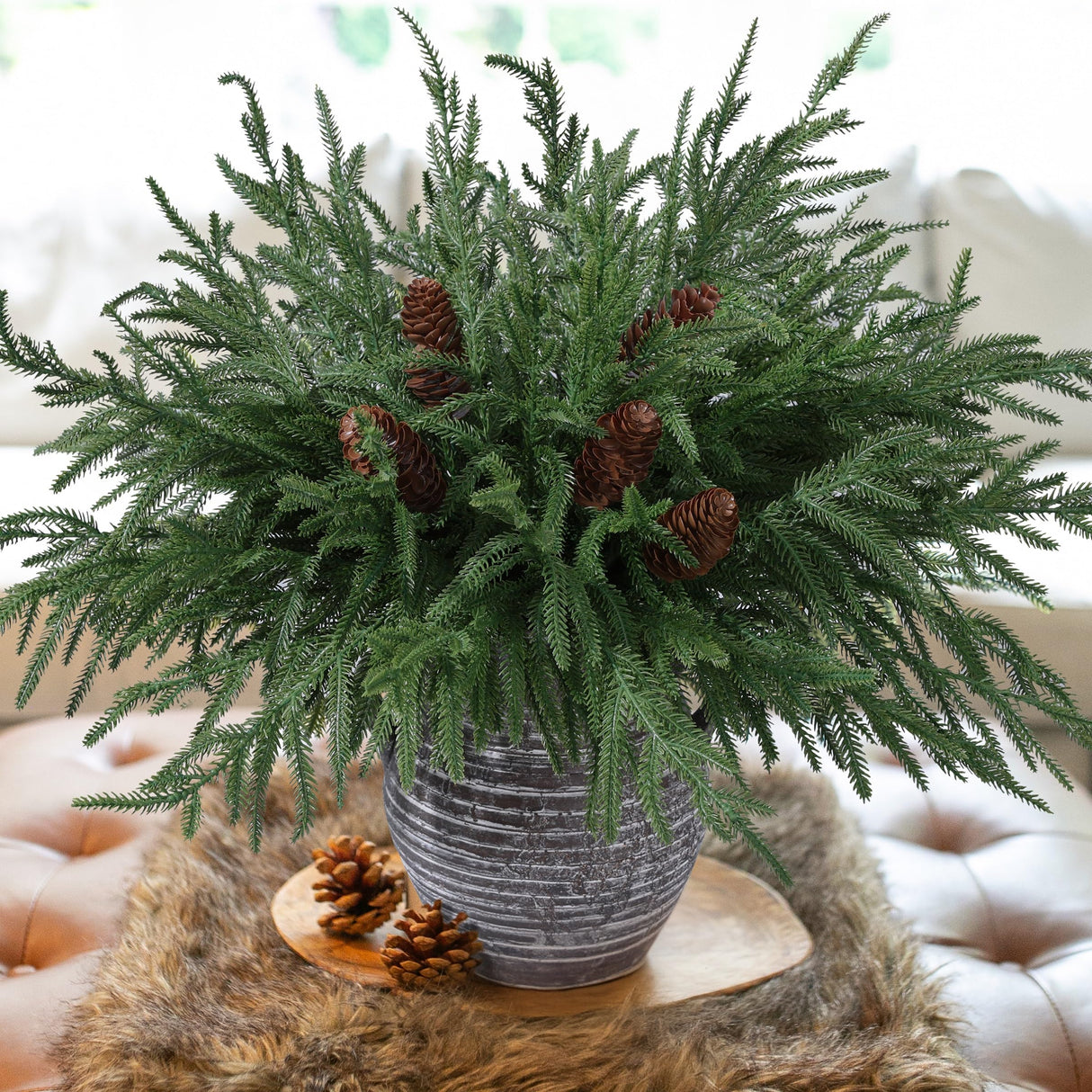 florisso Artificial Christmas Norfolk Pine Stems Branches for Vases,12 Bundles Faux Pine Branches with 5 PCS Big Pinecones Stems Fake Greenery Evergreen Real Touch for Holiday Winter Table Xmas Decor