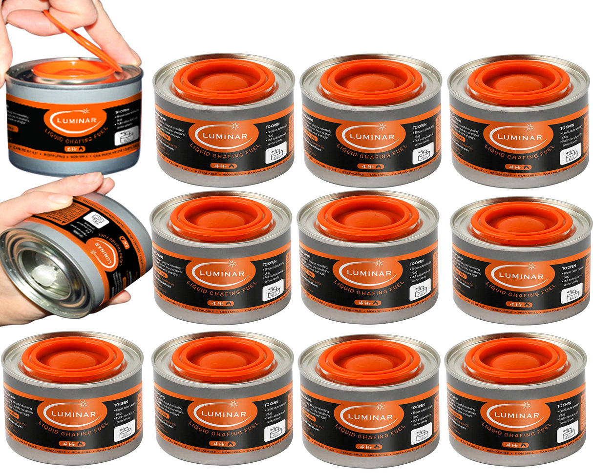 Luminar Resealable-Wick Chafing Fuel Cans, 12 Pack, 4 Hour - Premium Quality Burners for Food Warmers - No More Spills, Waste, or Hassle - Perfect for Convenient, and Long-Lasting Event Catering