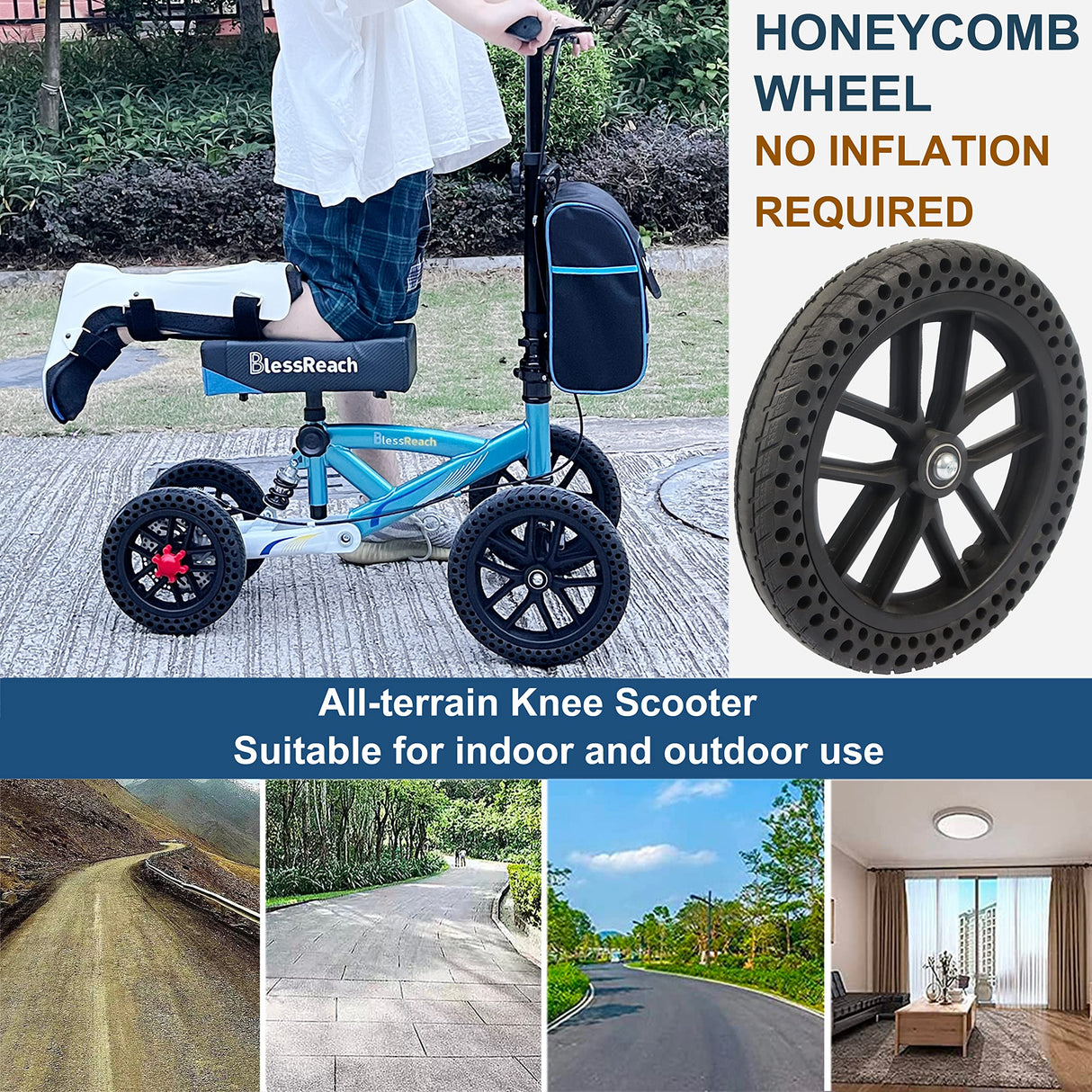 BlessReach Knee Scooter, All Terrain Foldable Knee Scooter Walker, Disc Brake Knee Walker for Foot Injuries Compact Crutches Alternative