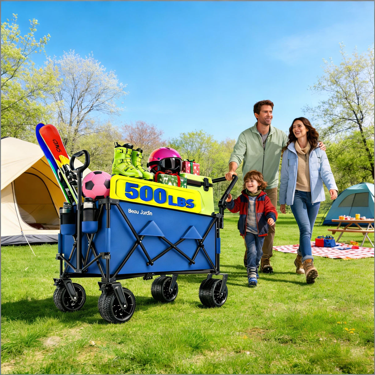 BEAU JARDIN Folding Push & Pull Beach Wagon 500 lbs Collapsible Foldable Wagons with Push Handle All Terrain Wheels Grocery Utility Camping Skiing Ice Fishing Sports Garden Wagon Cart Blue
