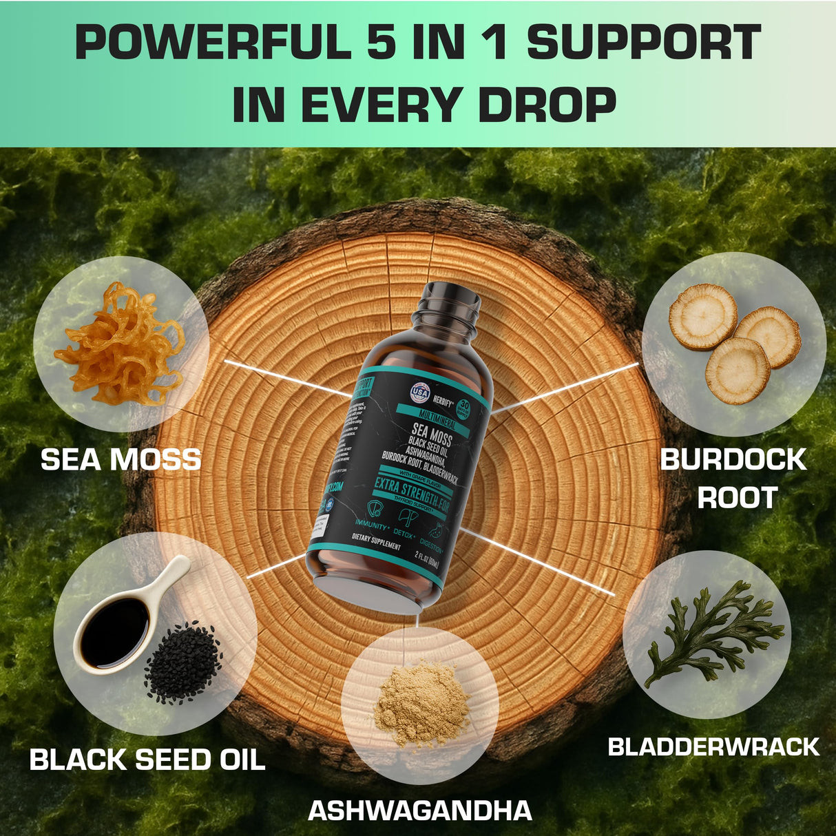 Sea Moss Multimineral Liquid Supplement - Irish Sea Moss Black Seed Oil Ashwagandha Burdock Root Bladderwrack - Gut Health, Immune & Thyroid Support for Women - Grape Flavor - 2 Fl Oz - Made in USA