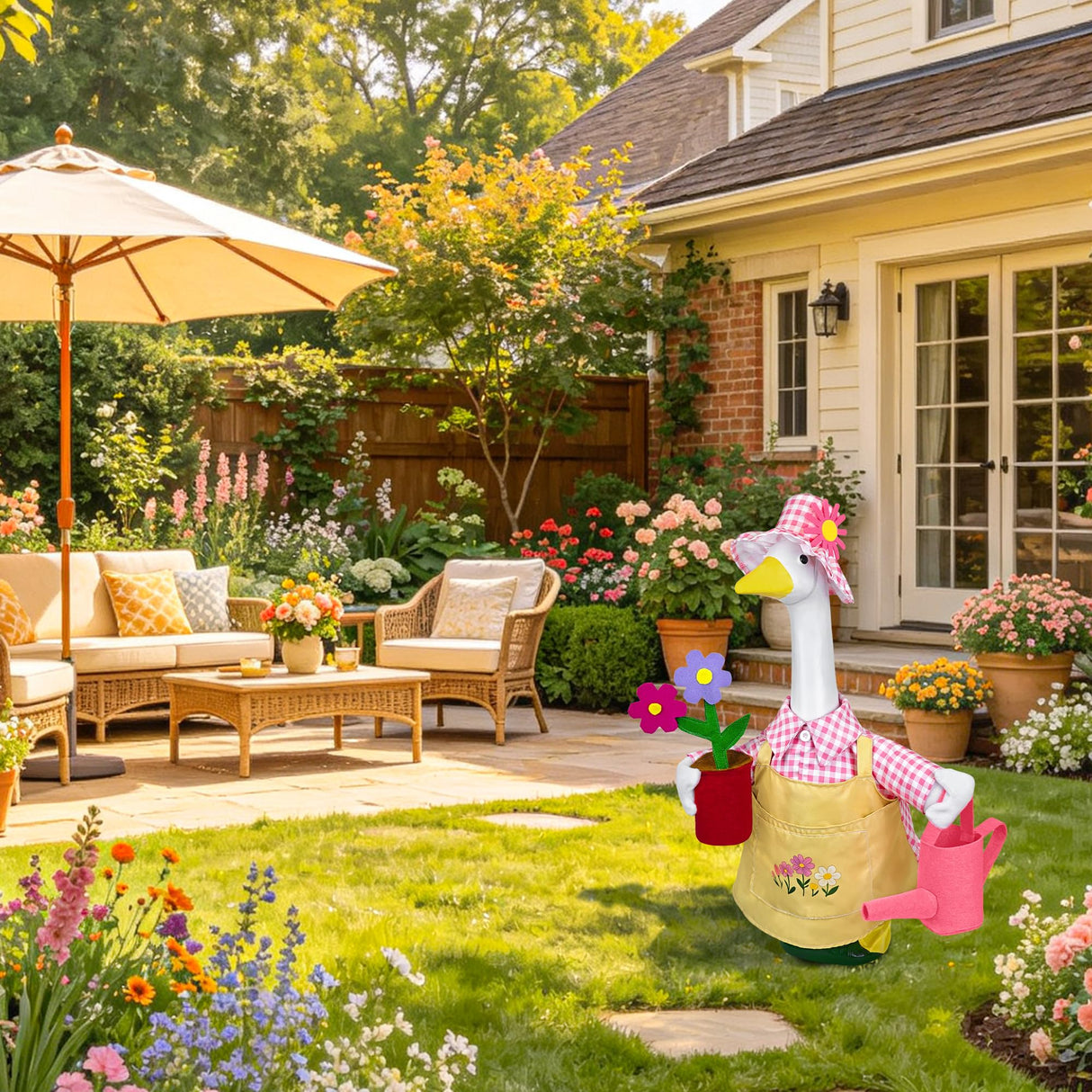 Ueyben Gardener Porch Goose Outfit Pink, Spring Goose Outfit Lawn Gooses Clothes Geese Costume for 23" Cement Plastic Geese Statue for Garden Yard Decoration