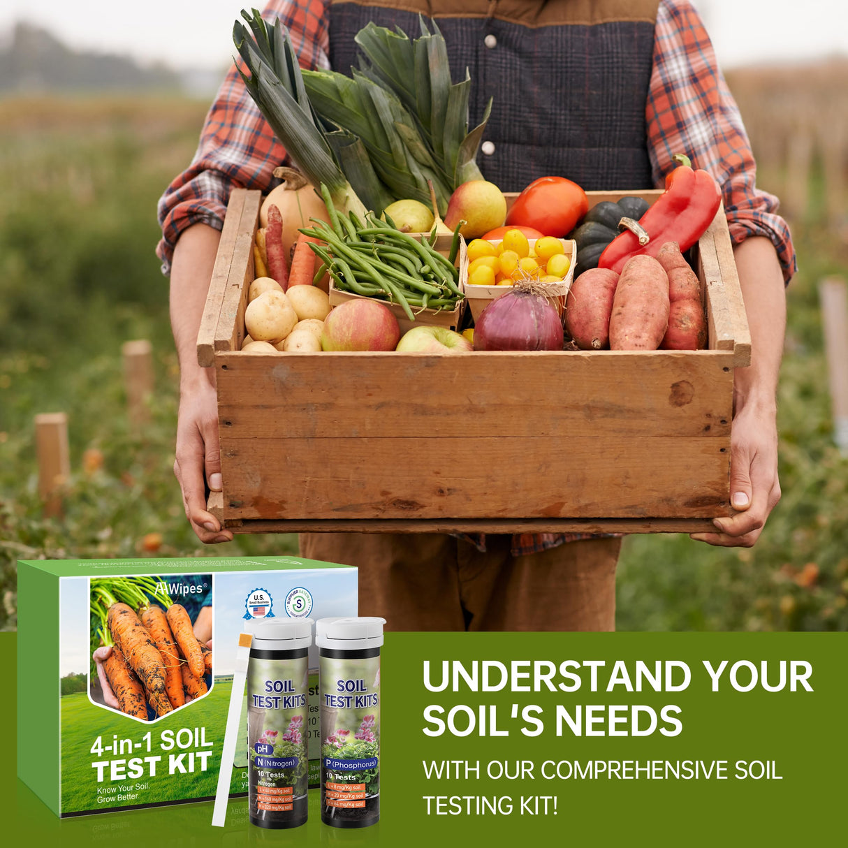 AAwipes Soil Test Kit for 4-in-1 pH, Nitrogen(N), Phosphorus(P), Potassium(K) Levels – 40 Tests for Garden, Lawn, Yard & Plant Care – Reliable Nutrient Tester with Sampling Accessories