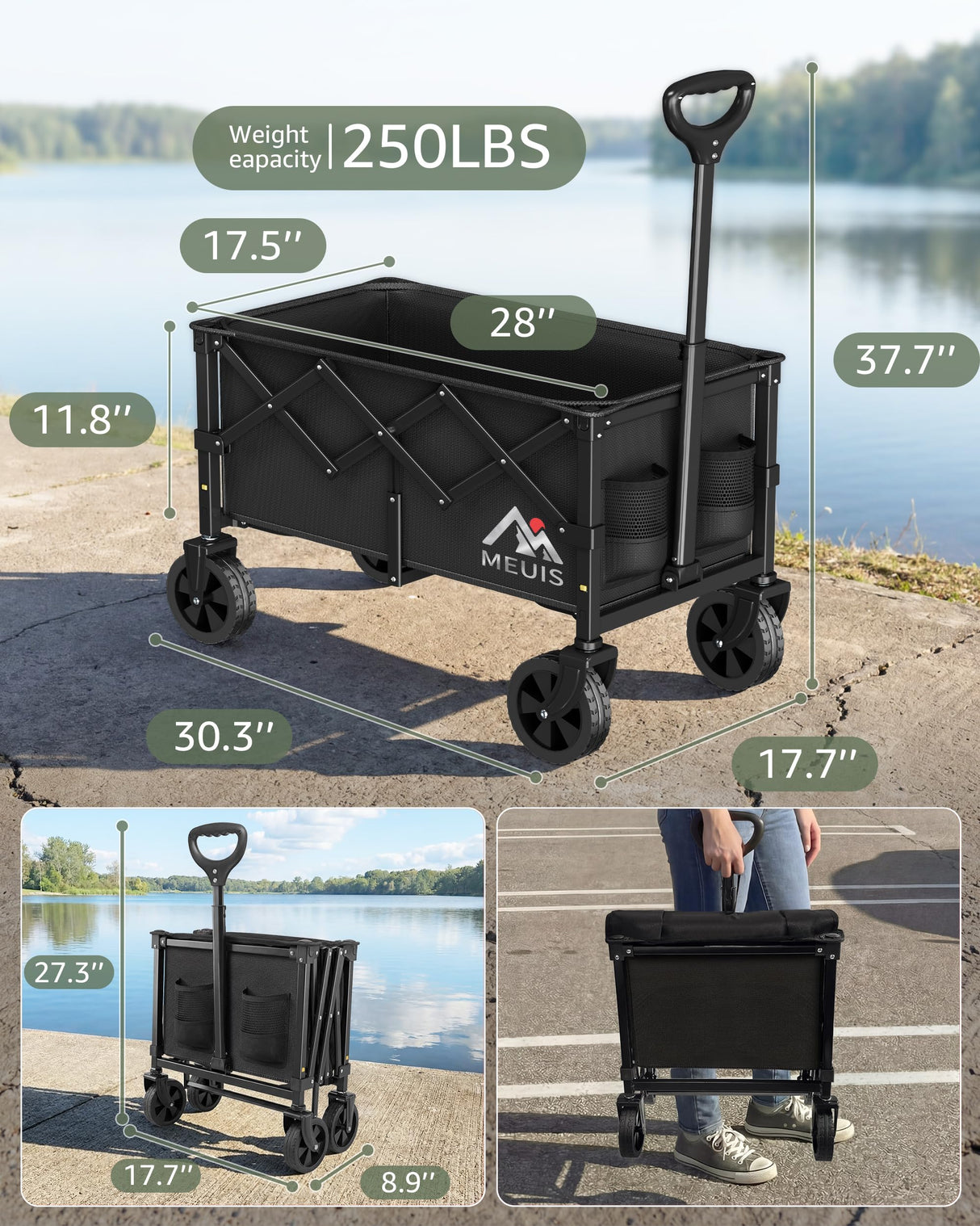 MEUIS Collapsible Wagon Cart with Wheels - 250LBS Heavy Duty Folding Wagon for Groceries Shopping Outdoor Apartment Portable Foldable Utility Grocery Trolley, Black, L