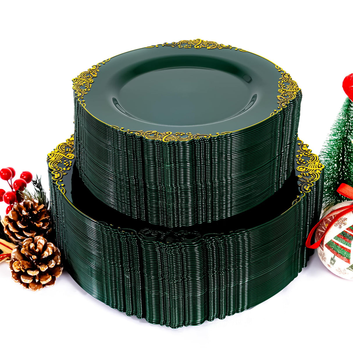 Joyido 102PCS Green and Gold Plates - Green Plastic Plate - Fancy Heavy Duty Disposable Plates - Heavyweight Disposable Dinner & Dessert Plate for 51 Guests for Party & Christmas
