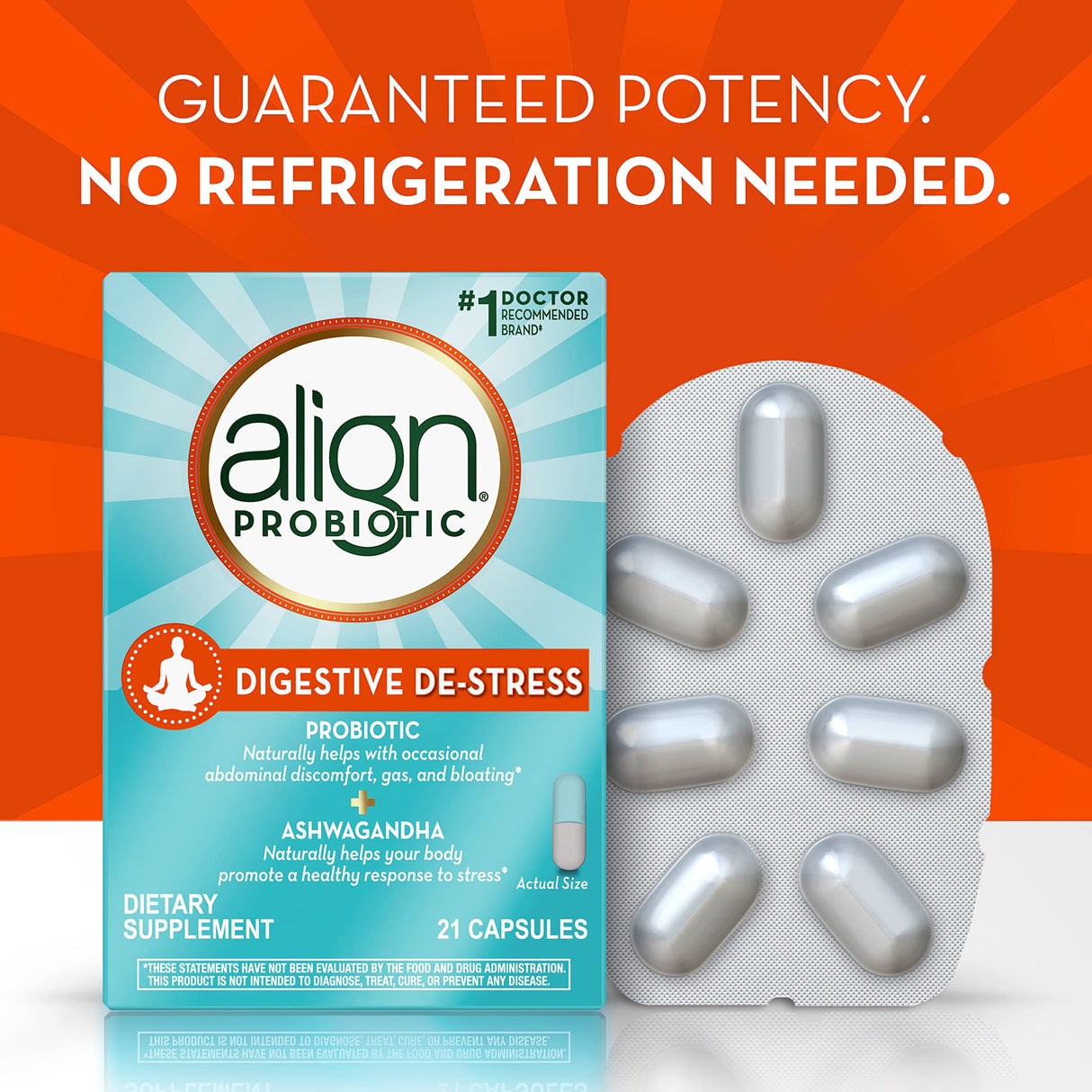 Align Probiotic, Digestive De-stress, Probiotic for Women and Men with Ashwagandha, Helps with a Healthy Response to Stress, Gluten Free, Soy Free, Vegetarian, 21 Capsules
