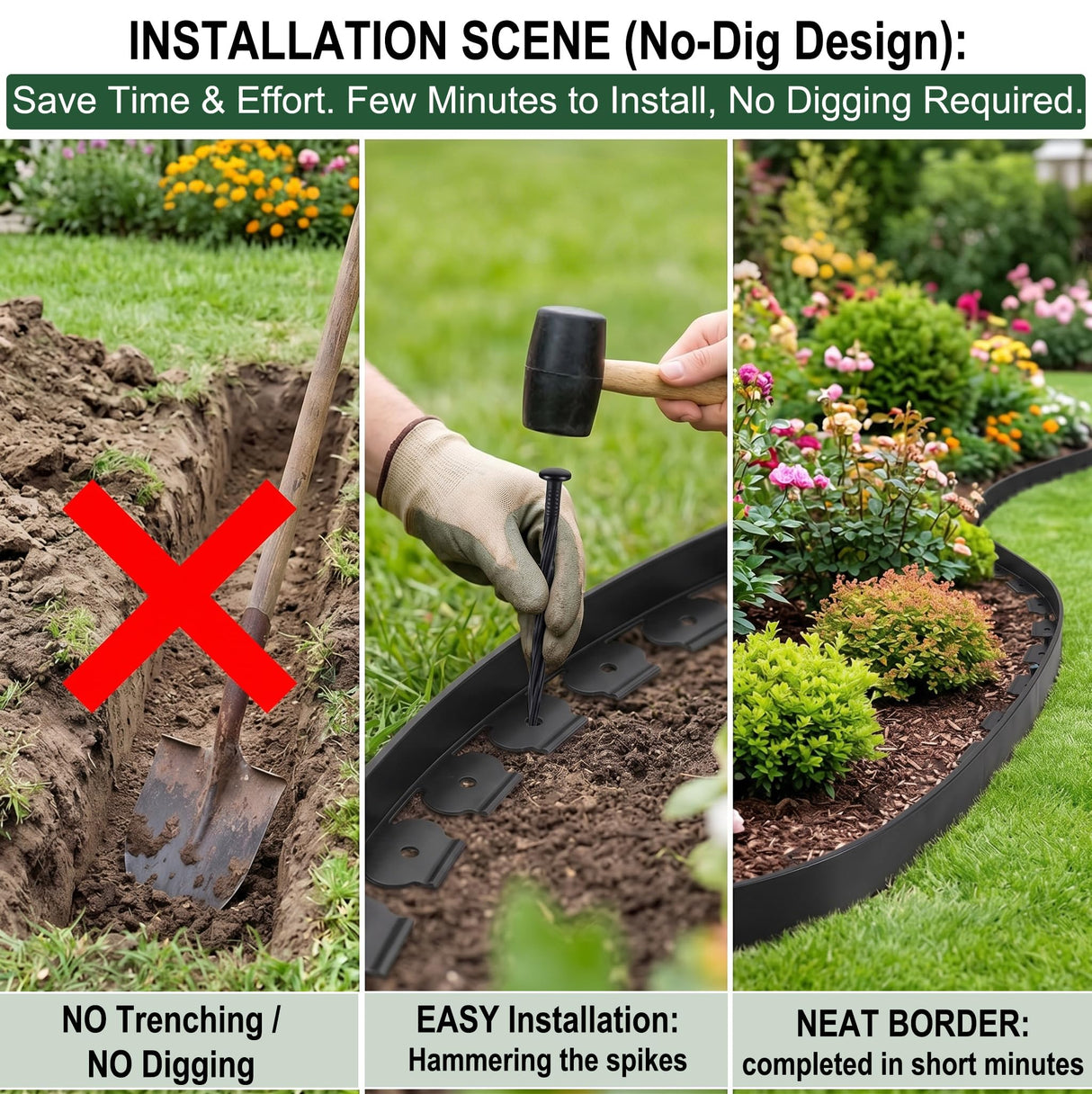 Garden Edging Border/Landscape Edging,100FT 2 Inch Tall Plastic Flexible Lawn Border with 150 Stakes,No Dig Garden Edging Kit for Landscaping,Garden Bed,Yard,Flower Bed,Pathway